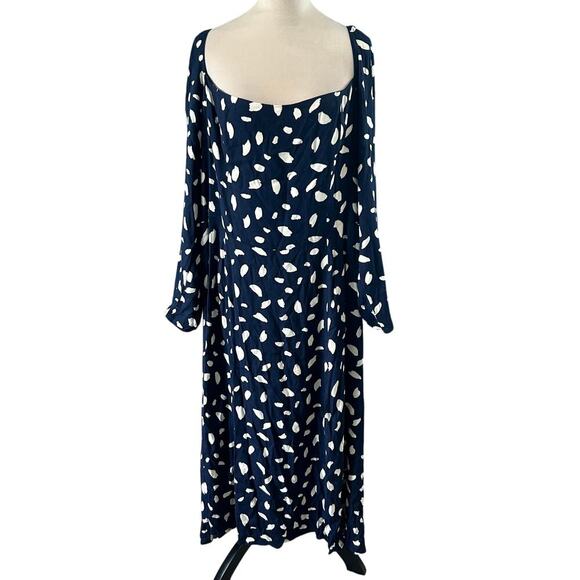 Reformation Sigmund Dress Blue & White Squared Neck Slit Long Sleeve Midi Sze 22 - Picture 3 of 9